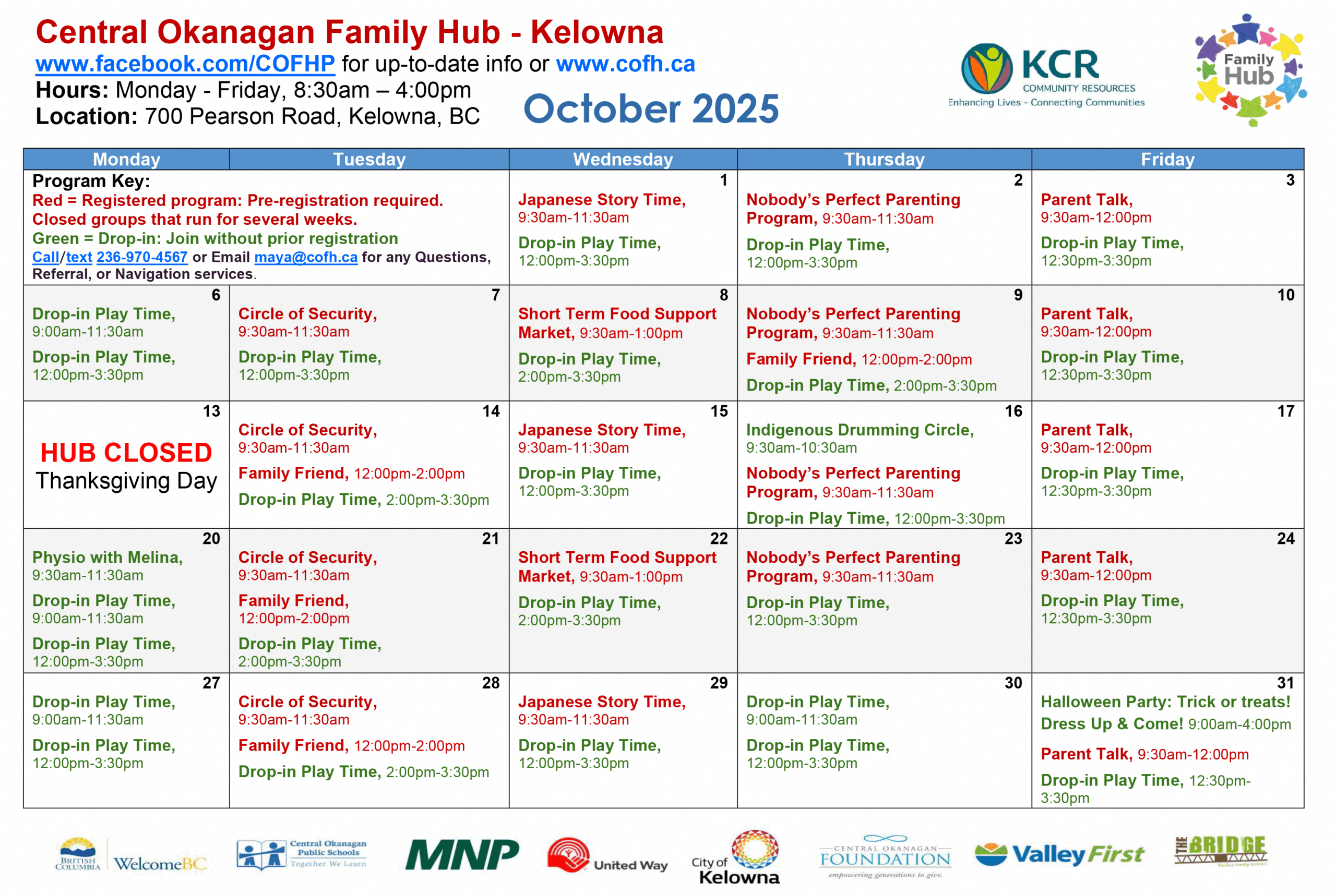 Central Okanagan Family Hub Calendar - October 2025